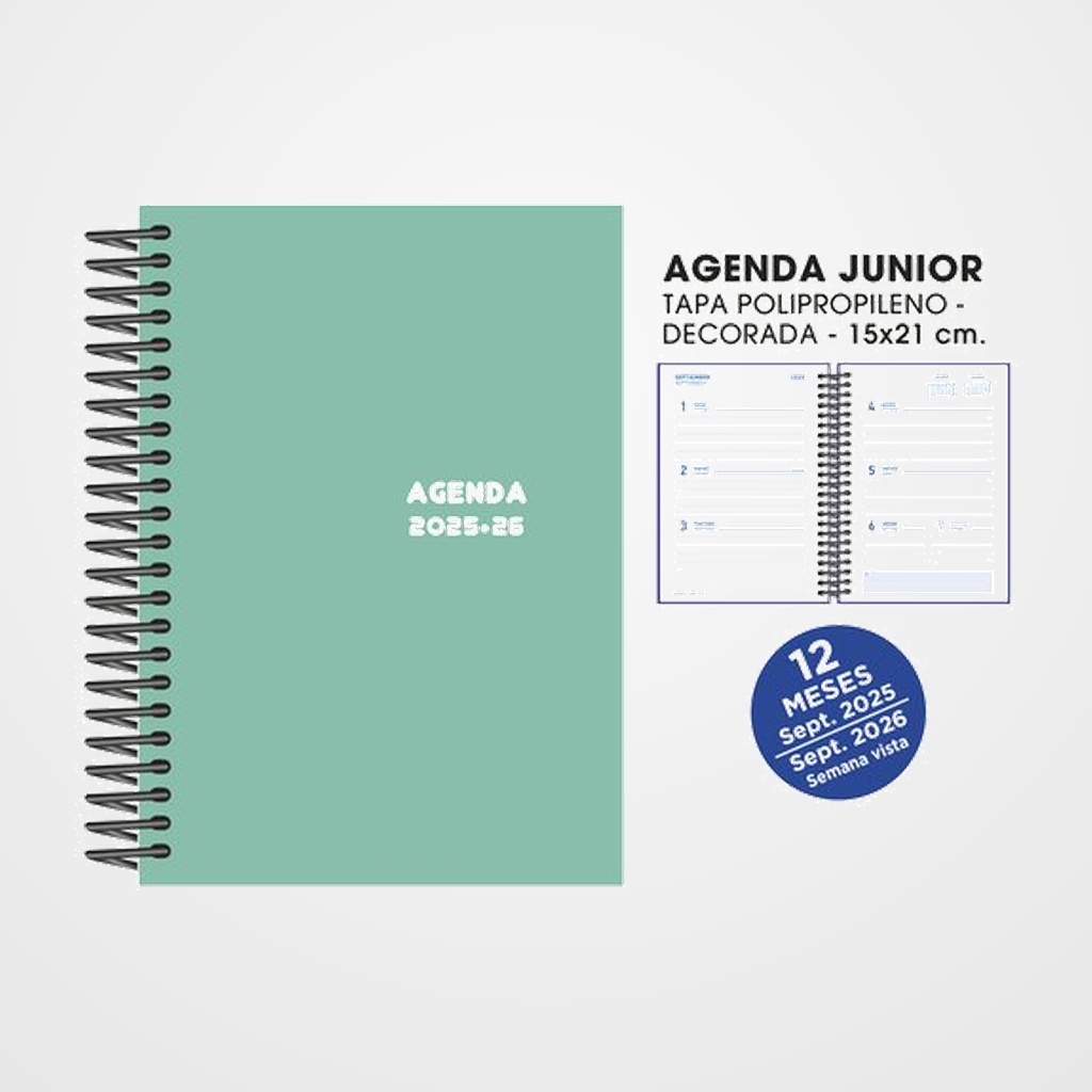 [82504145] AGENDA ESCOLAR (2025-26) SENFORT JUNIOR ESPIRAL tapa PVC 150x210 S/V TURQUESA