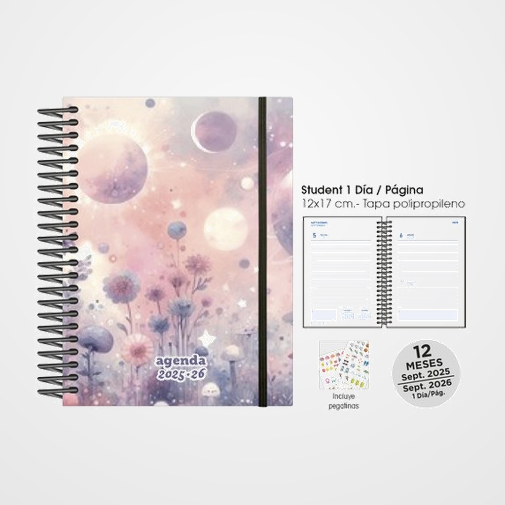 [82504124] AGENDA ESCOLAR (2025-26) SENFORT STUDENT DECORADA ESPIRAL tapa PP con GOMA 120x170 D/P GARDEN PLANET