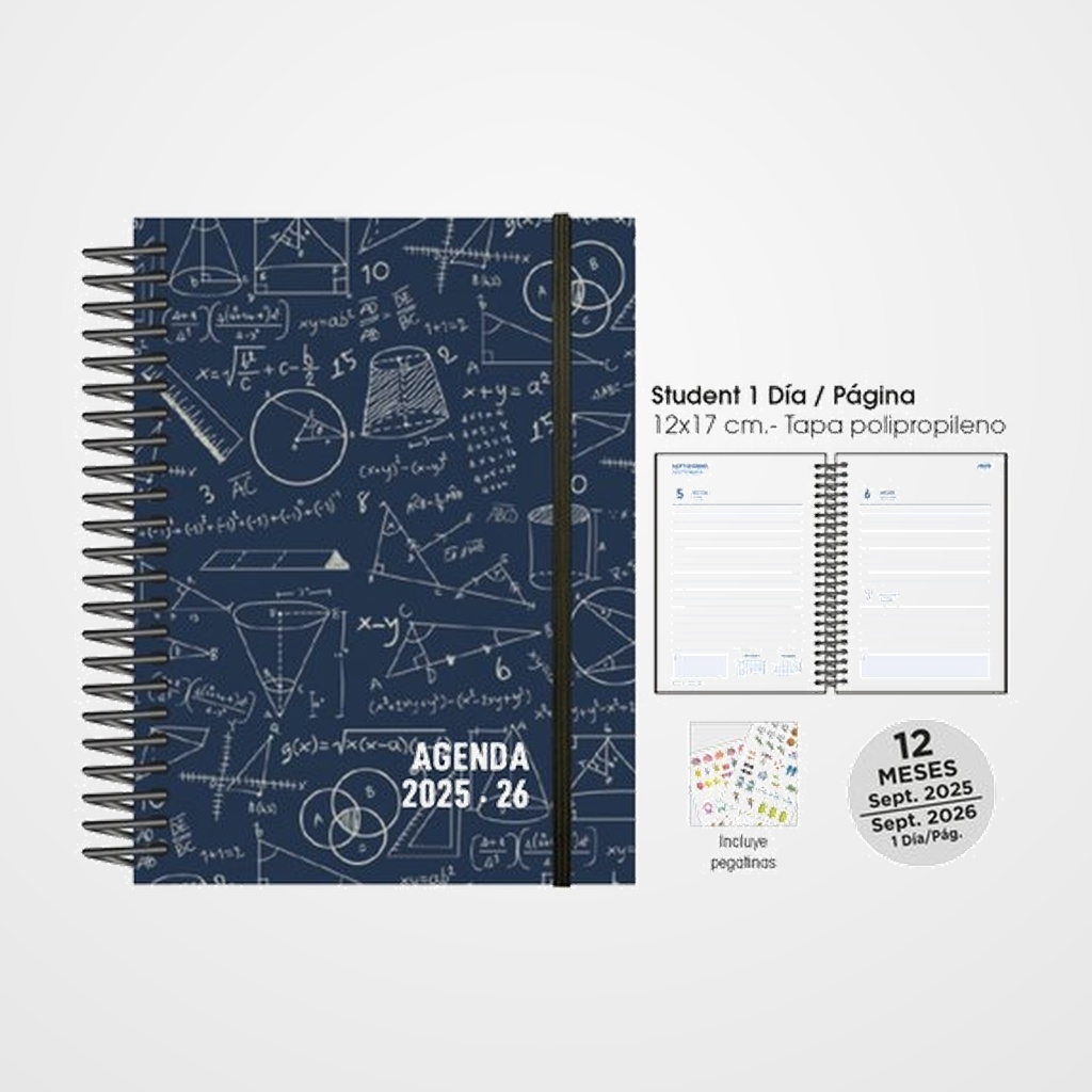 [82504115] AGENDA ESCOLAR (2025-26) SENFORT STUDENT DECORADA ESPIRAL tapa PP con GOMA 120x170 D/P MATHS AZUL