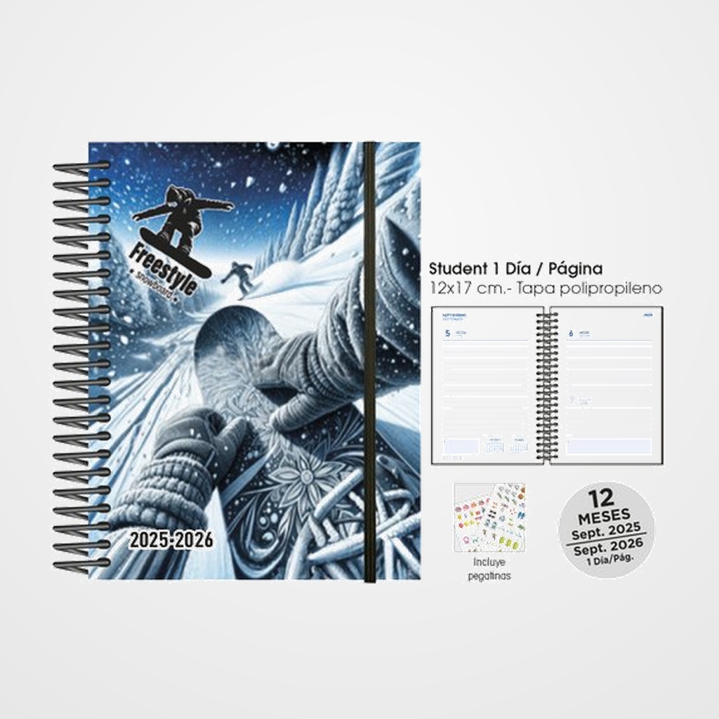AGENDA ESCOLAR (2025-26) SENFORT STUDENT DECORADA ESPIRAL tapa PP con GOMA 120x170 D/P RIDERS SNOW