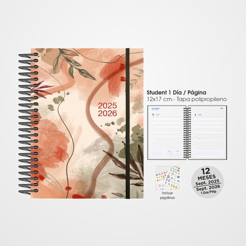 AGENDA ESCOLAR (2025-26) SENFORT STUDENT DECORADA ESPIRAL tapa PP con GOMA 120x170 D/P SUNSET