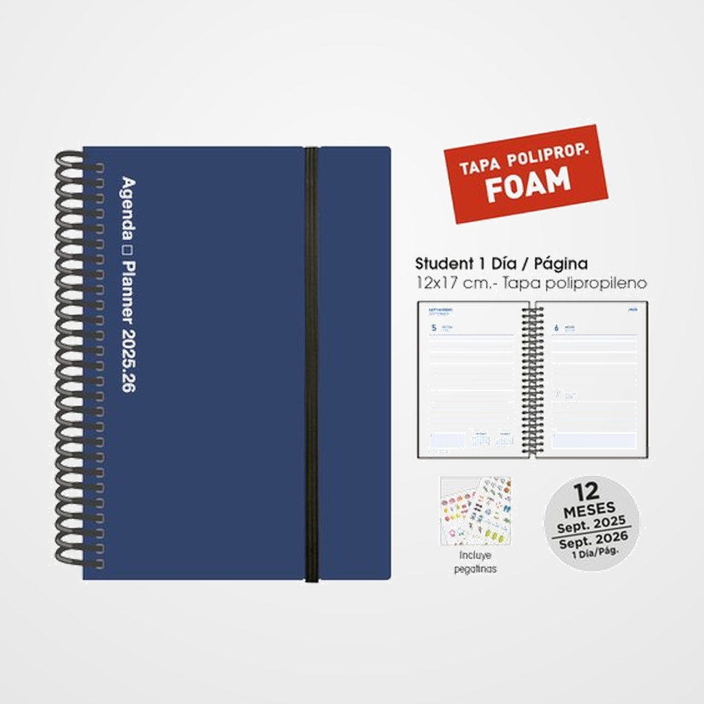 [82504135] AGENDA ESCOLAR (2025-26) SENFORT STUDENT FOAM ESPIRAL tapa PP con GOMA 120x170 D/P AZUL