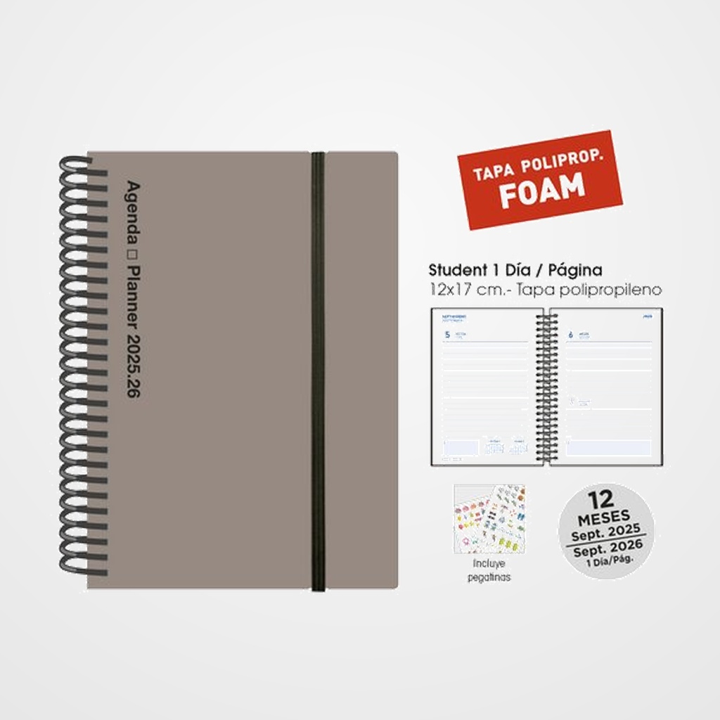 [82504138] AGENDA ESCOLAR (2025-26) SENFORT STUDENT FOAM ESPIRAL tapa PP con GOMA 120x170 D/P GRIS