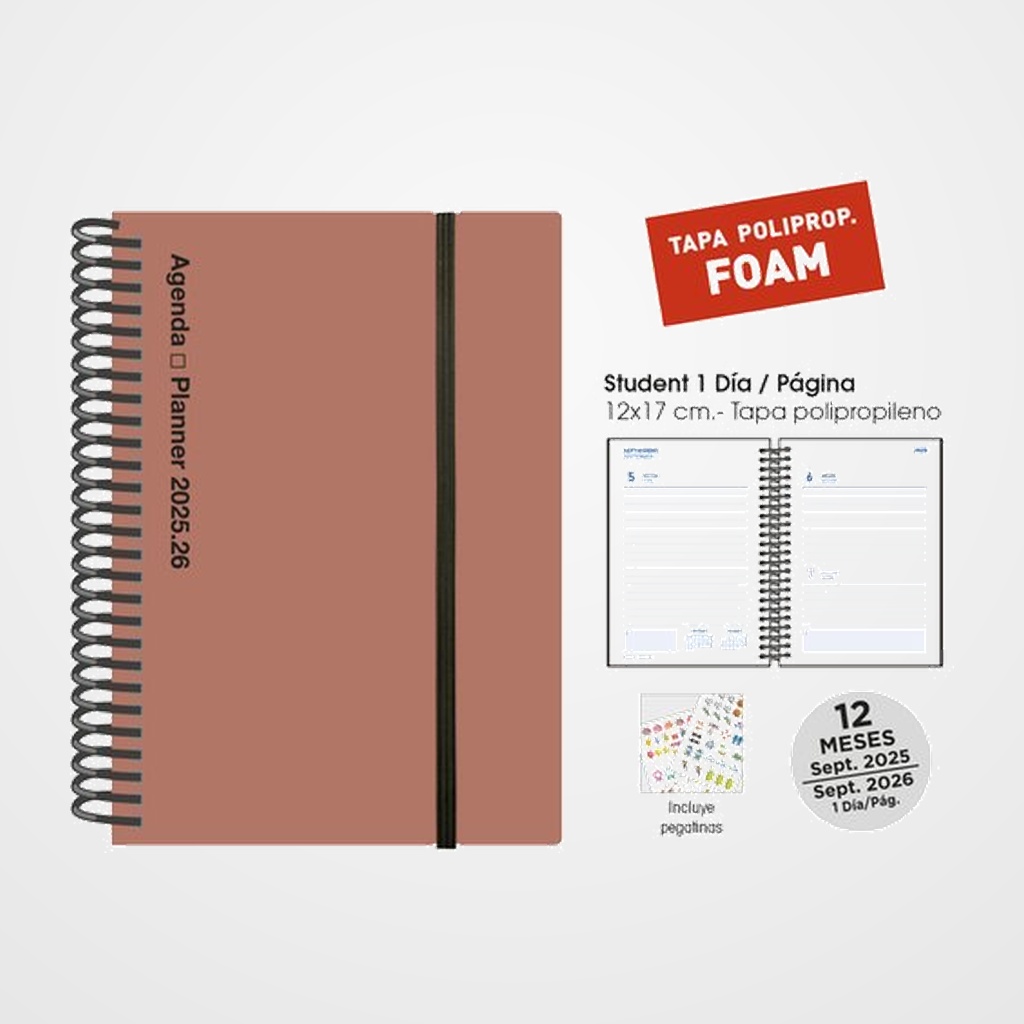 [82504136] AGENDA ESCOLAR (2025-26) SENFORT STUDENT FOAM ESPIRAL tapa PP con GOMA 120x170 D/P TERRACOTA