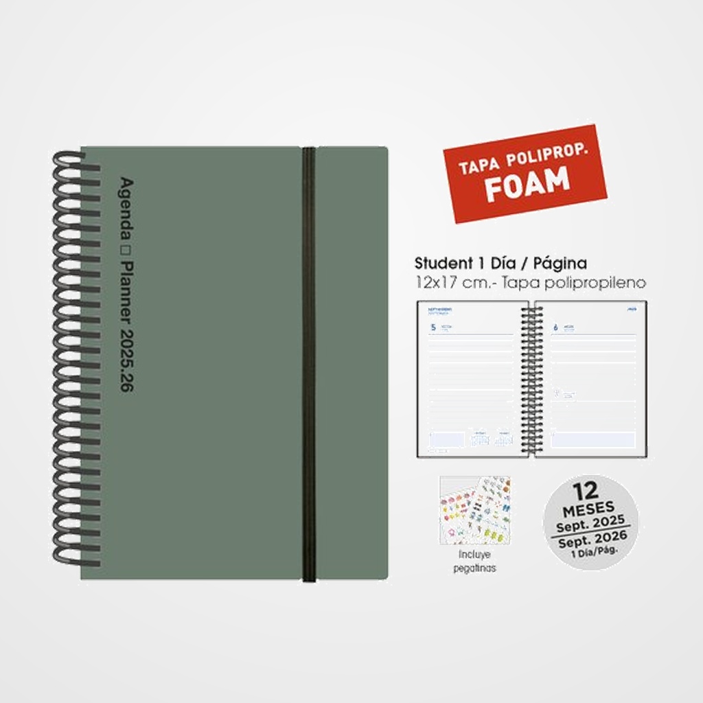 [82504137] AGENDA ESCOLAR (2025-26) SENFORT STUDENT FOAM ESPIRAL tapa PP con GOMA 120x170 D/P VERDE
