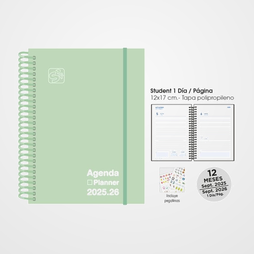 [82504133] AGENDA ESCOLAR (2025-26) SENFORT STUDENT UNICOLOR ESPIRAL tapa PP con GOMA 120x170 D/P PASTEL VERDE