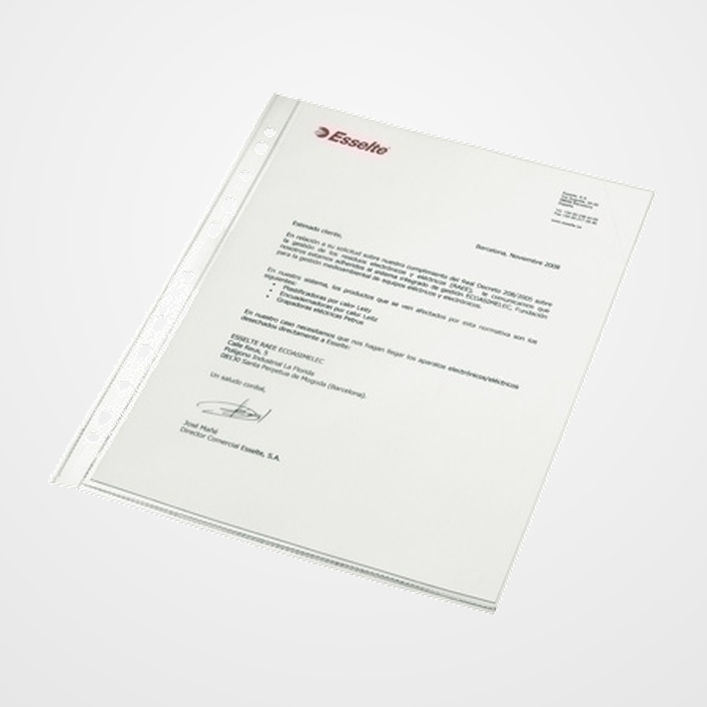 FUNDA MULTITALADRO ESSELTE PP 120µ CRISTAL LISO Fº 16 TAL.sin REFUERZO PAQUETE de 100