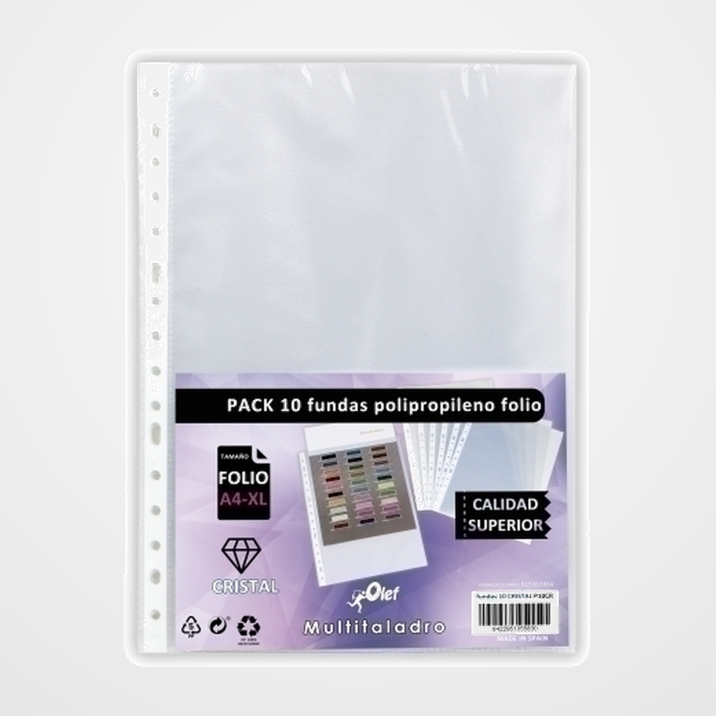 FUNDA MULTITALADRO OLEF PP  90µ CRISTAL LISO Fº 16 TAL.RFZO. PACK DE 10