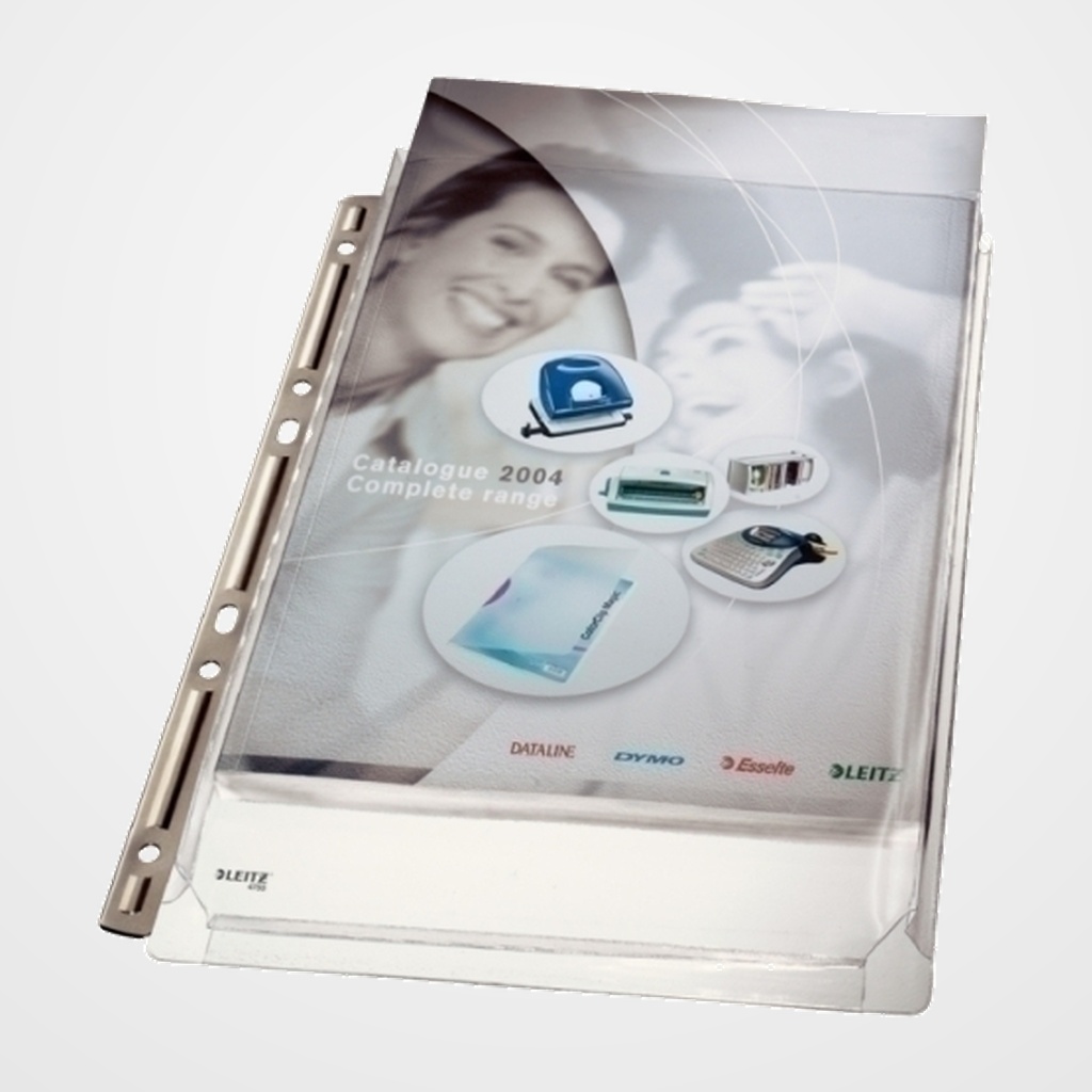 FUNDA MULTITALADRO FUELLE LEITZ 20mm PVC 170µ LISO A4 6 TAL. CON REFUERZO METALICO BOLSA de 3