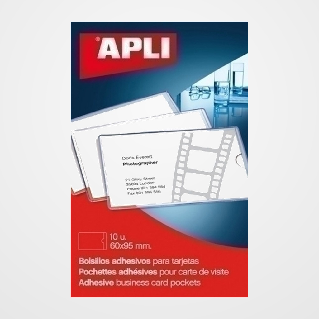 FUNDA ADHESIVA APLI  60x95mm BOLSILLO para TARJETAS PAQUETE de 10