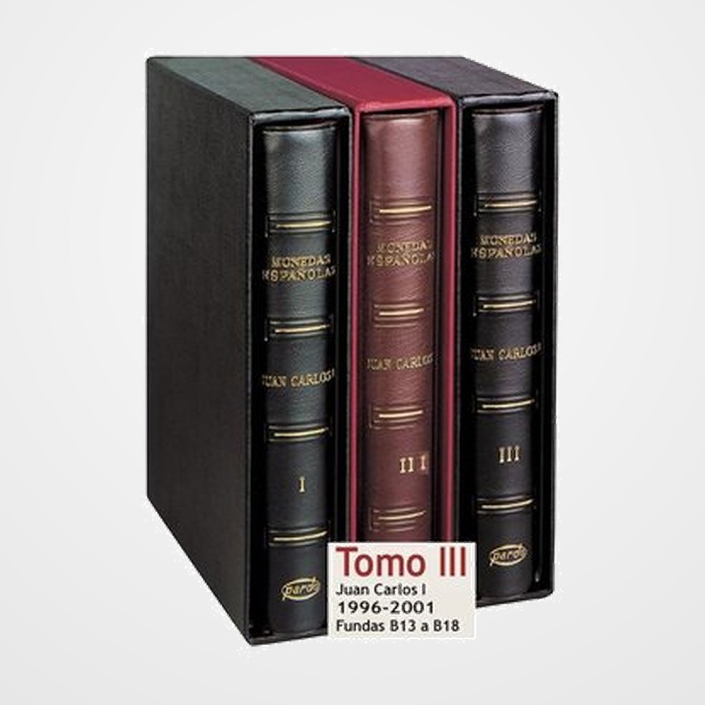 ALBUM de MONEDAS PARDO 4 anillas PESETAS JUAN CARLOS I tomo III (1996-2001) con CAJETIN BURDEOS
