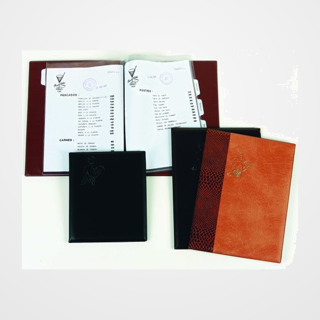 CARPETA PORTAMENUS IBERPLAS PVC 4º 6 FUNDAS con PESTAÑAS IDIOMAS MARRON con CANTONERAS