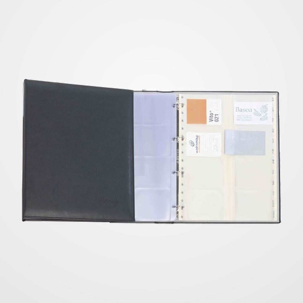 TARJETERO 4 anillas PARDO AUTOGRAPH sim.piel A4 20 fundas y sep.A-Z 320 tarjetas NEGRO