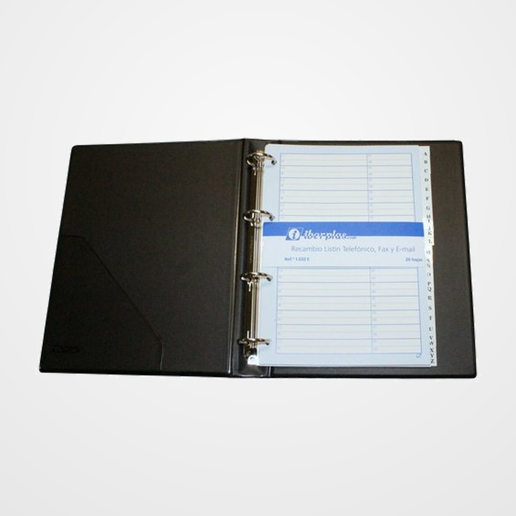 LISTIN TELEFONICO 4 anillas IBERPLAS 4º 25mm A-Z 20 pestañas y RECAMBIO imit.PIEL MARRON