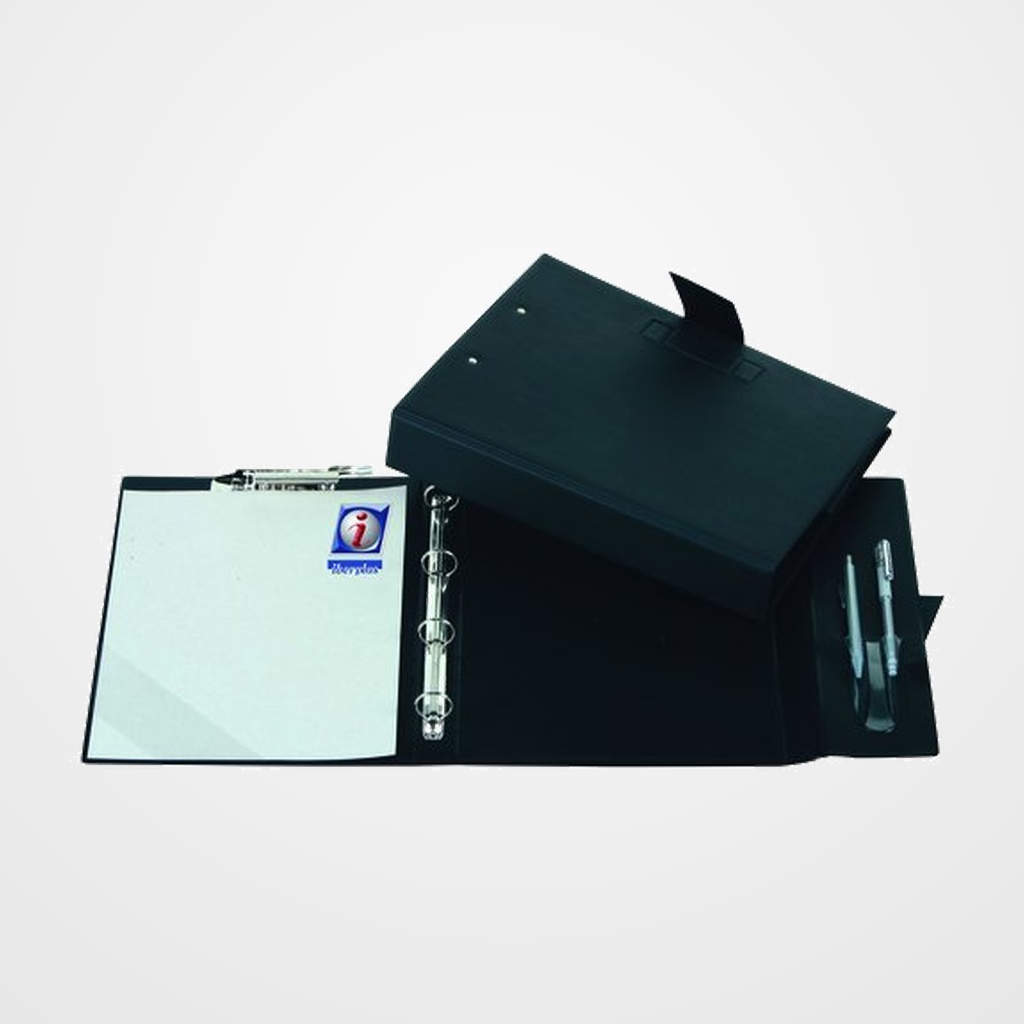 CARPETA de ANILLAS con PINZA MINICLIP SUPERIOR IBERPLAS PVC ESCOLAR Fº  4 an.25mm REDONDAS con PORTABOLIGRAFO NEGRO