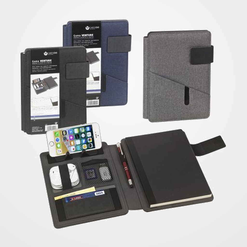 CARPETA de CONGRESOS CARCHIVO VENTURE A5 con MULTI BOLSILLO, BLOC y ATRIL SMARTPHONE CENIZA