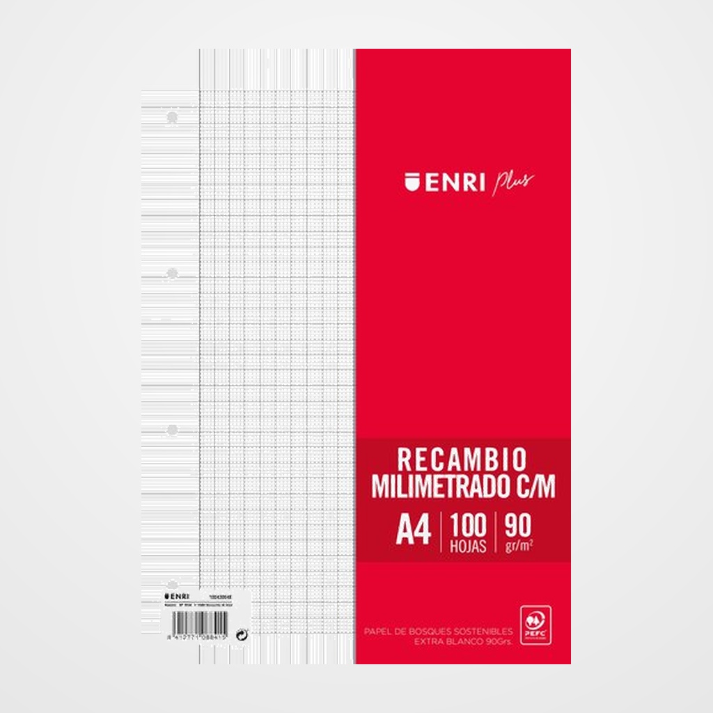 RECAMBIO ENRI PLUS A4 100h 90gr 4 TALADROS MILIMETRADO