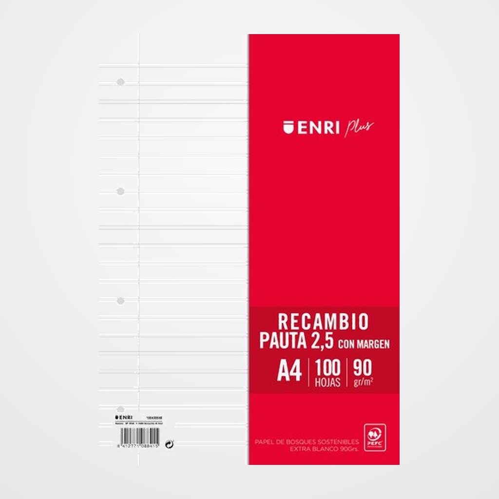 RECAMBIO ENRI PLUS A4 100h 90gr 4 TALADROS PAUTA 2,5