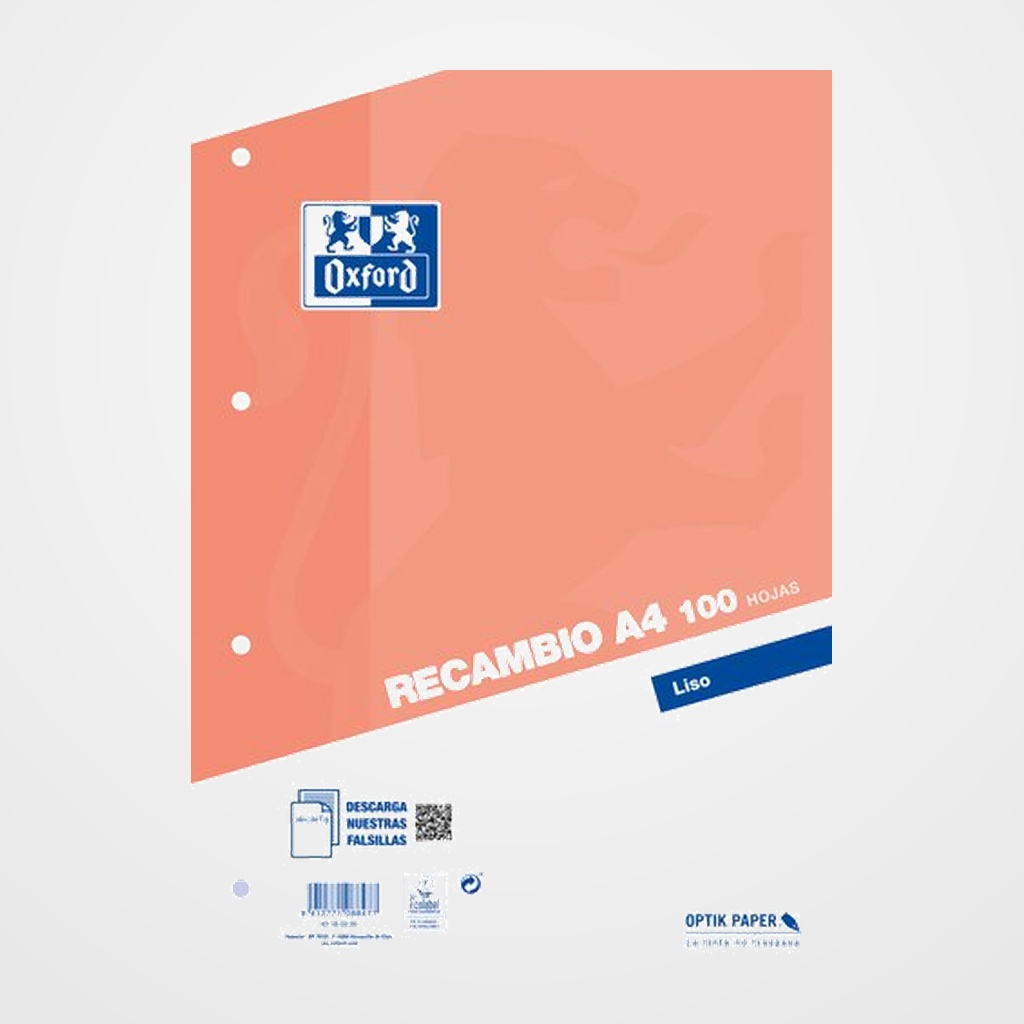 RECAMBIO OXFORD SCHOOL A4 100h 90gr 4 TALADROS LISO NARANJA