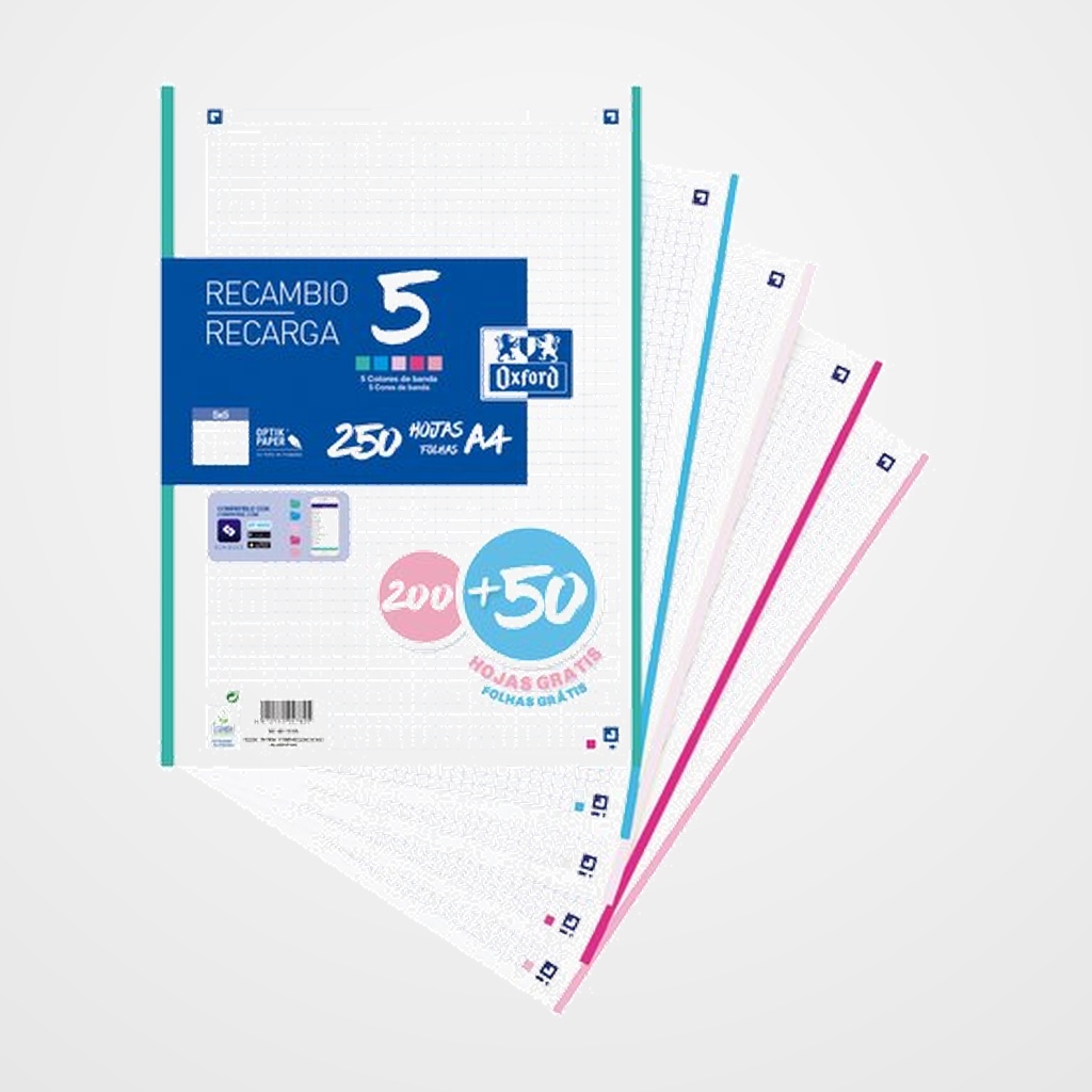 RECAMBIO OXFORD SCHOOL A4 250h (200+50) 90gr 4 TALADROS CUADRIC.5x5 (5 colores PASTEL en banda)