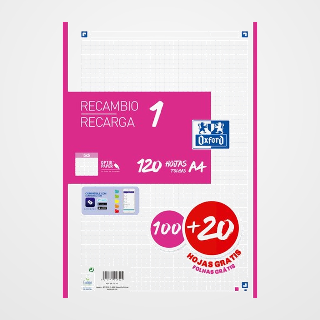 RECAMBIO OXFORD SCHOOL COLOR 1 A4 120h (100+20) 90gr 4 TALADROS CUADRIC.5x5 FUCSIA (1 color en banda)