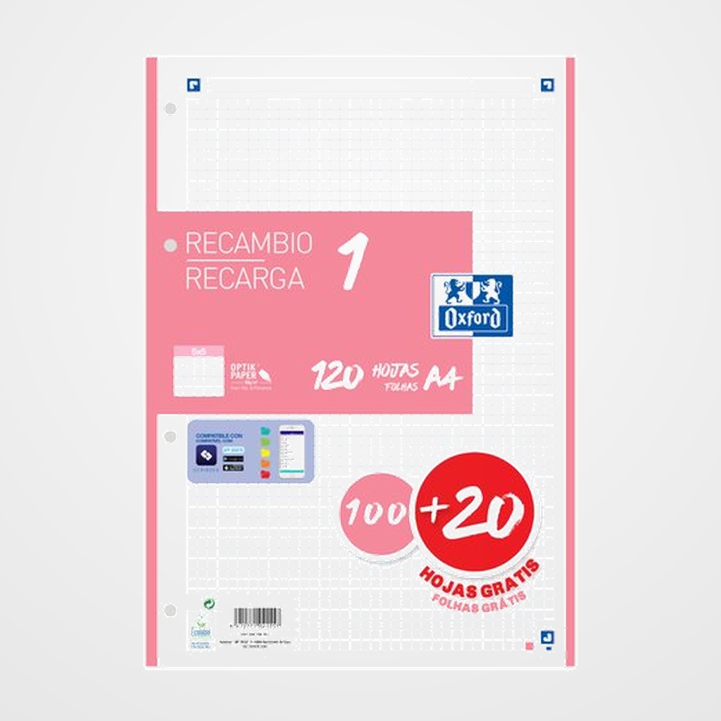 RECAMBIO OXFORD SCHOOL COLOR 1 A4 120h (100+20) 90gr 4 TALADROS CUADRIC.5x5 ROSA CHICLE (1 color en banda)