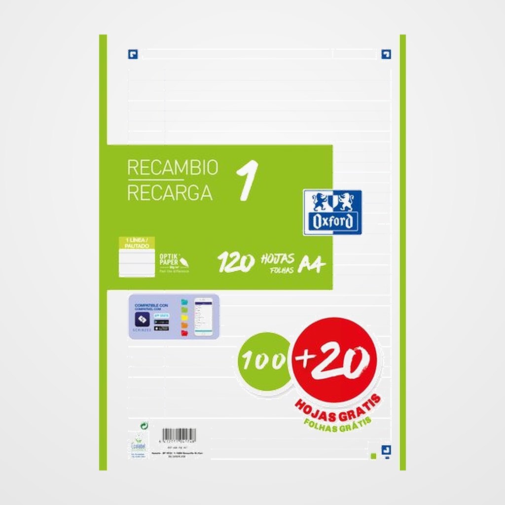 RECAMBIO OXFORD SCHOOL COLOR 1 A4 120h (100+20) 90gr 4 TALADROS HORIZONTAL VERDE (1 color en banda)