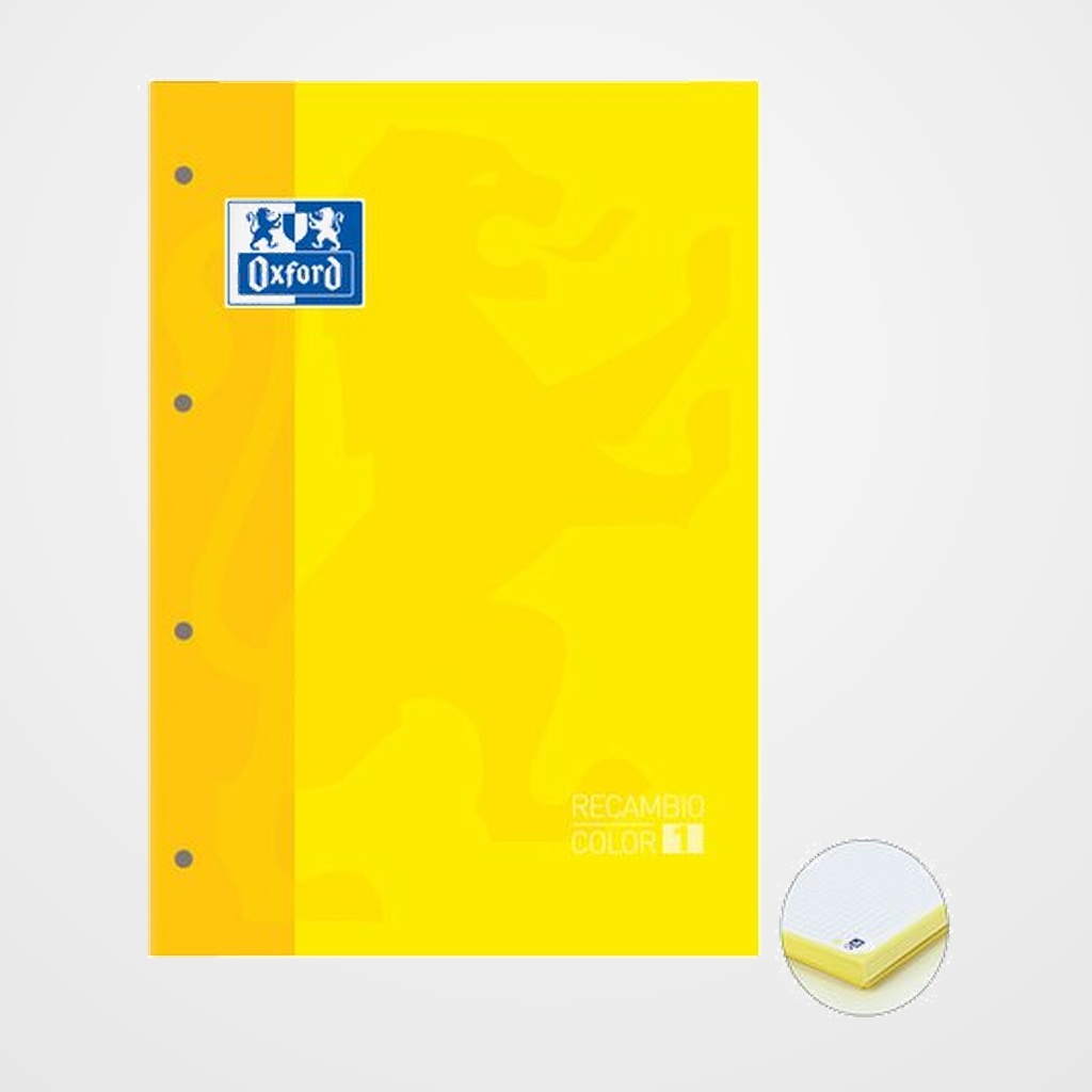 RECAMBIO OXFORD SCHOOL COLOR 1 ENCOLADO A4+ 80h 90gr 4 TALADROS CUADRIC.5x5 AMARILLO (1 color de recuadro)
