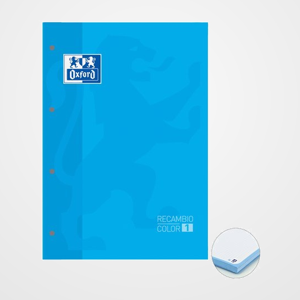 RECAMBIO OXFORD SCHOOL COLOR 1 ENCOLADO A4+ 80h 90gr 4 TALADROS CUADRIC.5x5 AZUL TURQUESA (1 color de recuadro)