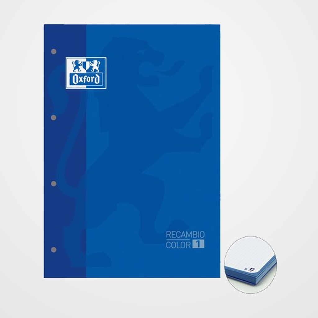 RECAMBIO OXFORD SCHOOL COLOR 1 ENCOLADO A4+ 80h 90gr 4 TALADROS CUADRIC.5x5 AZUL (1 color de recuadro)