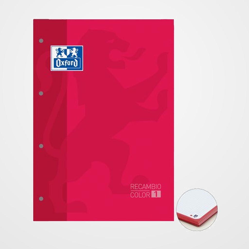RECAMBIO OXFORD SCHOOL COLOR 1 ENCOLADO A4+ 80h 90gr 4 TALADROS CUADRIC.5x5 ROJO (1 color de recuadro)