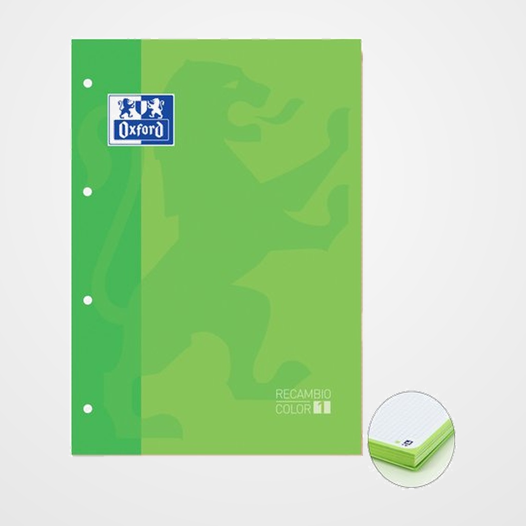 RECAMBIO OXFORD SCHOOL COLOR 1 ENCOLADO A4+ 80h 90gr 4 TALADROS CUADRIC.5x5 VERDE FLUO (1 color de recuadro)