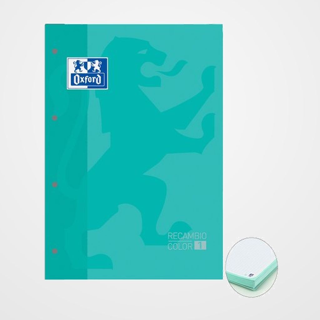 RECAMBIO OXFORD SCHOOL COLOR 1 ENCOLADO A4+ 80h 90gr 4 TALADROS CUADRIC.5x5 VERDE MENTA (1 color de recuadro)