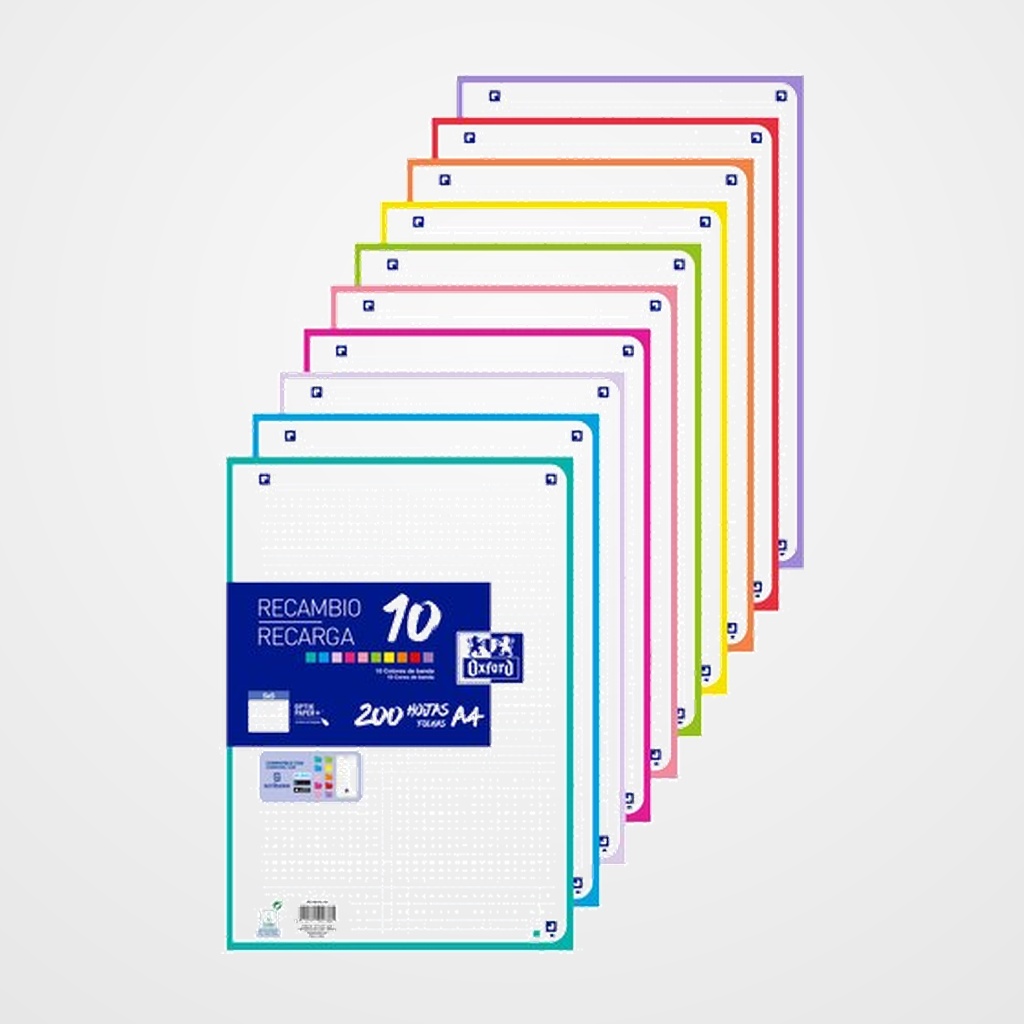 RECAMBIO OXFORD SCHOOL COLOR 10 A4 200h 90gr 4 TALADROS CUADRIC.5x5 (10 colores en banda)