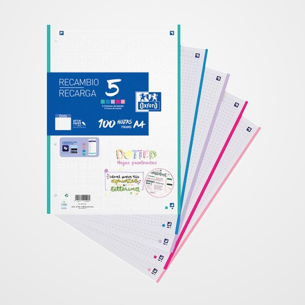 RECAMBIO OXFORD SCHOOL A4 100h 90gr 4 TALADROS DOTS (5 colores PASTEL en banda)