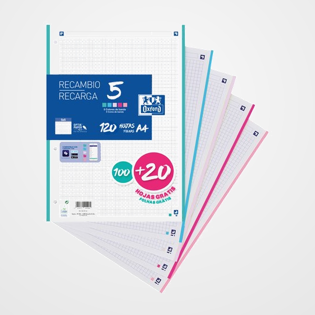 RECAMBIO OXFORD SCHOOL A4 120h (100+20) 90gr 4 TALADROS CUADRIC.5x5 (5 colores PASTEL en banda)