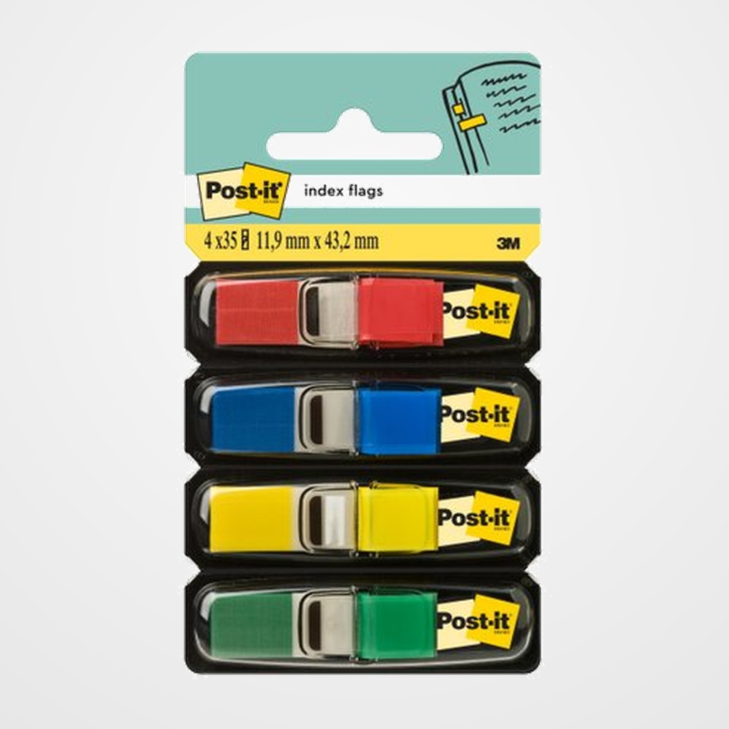 BANDERITAS ADHESIVAS POST-IT 683 (1/2 ) PACK de 4 (AZUL-AMARILLO-ROJO-VERDE)