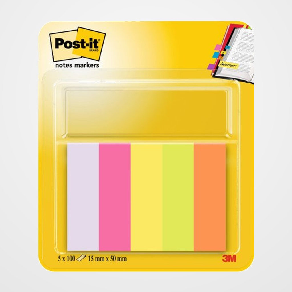 BANDERITAS ADHESIVAS POST-IT 6705 15X50 COLORES NEON SUAVE 100 HOJAS pack 4+1
