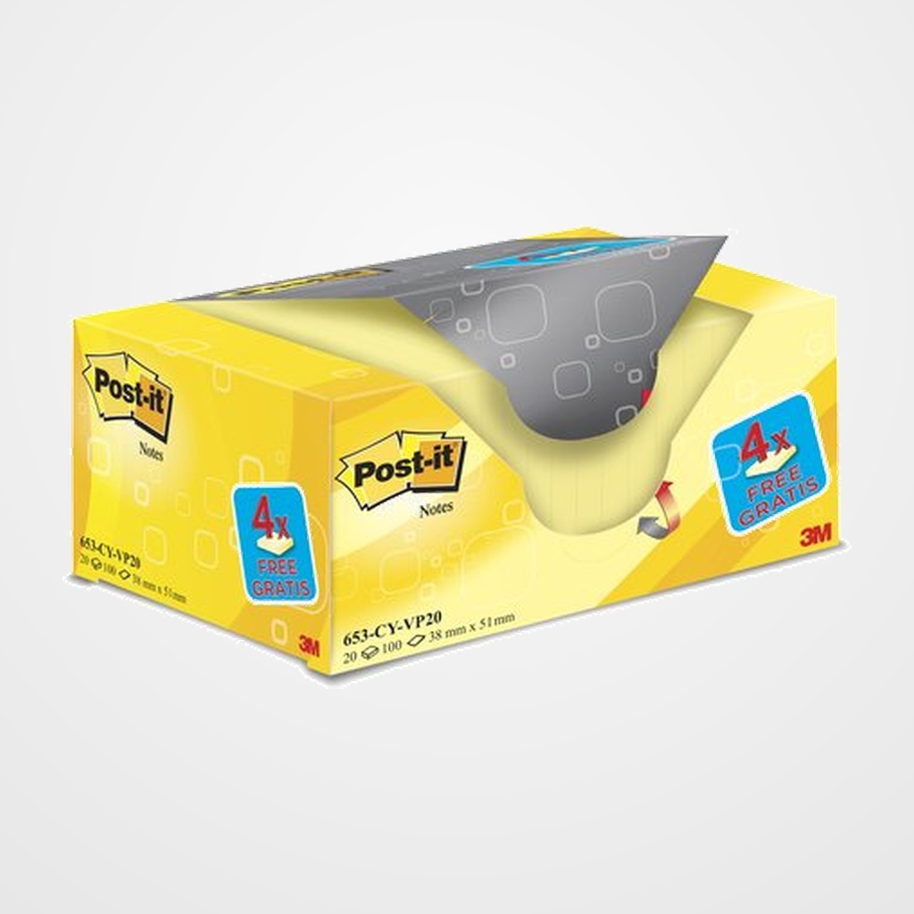 TACO NOTAS POST-IT 653 38x51 AMARILLO CANARIO PACK DE 20 (16+4)