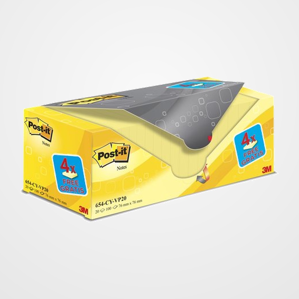 TACO NOTAS POST-IT 654 76x76 AMARILLO CANARIO PACK DE 20 (16+4)