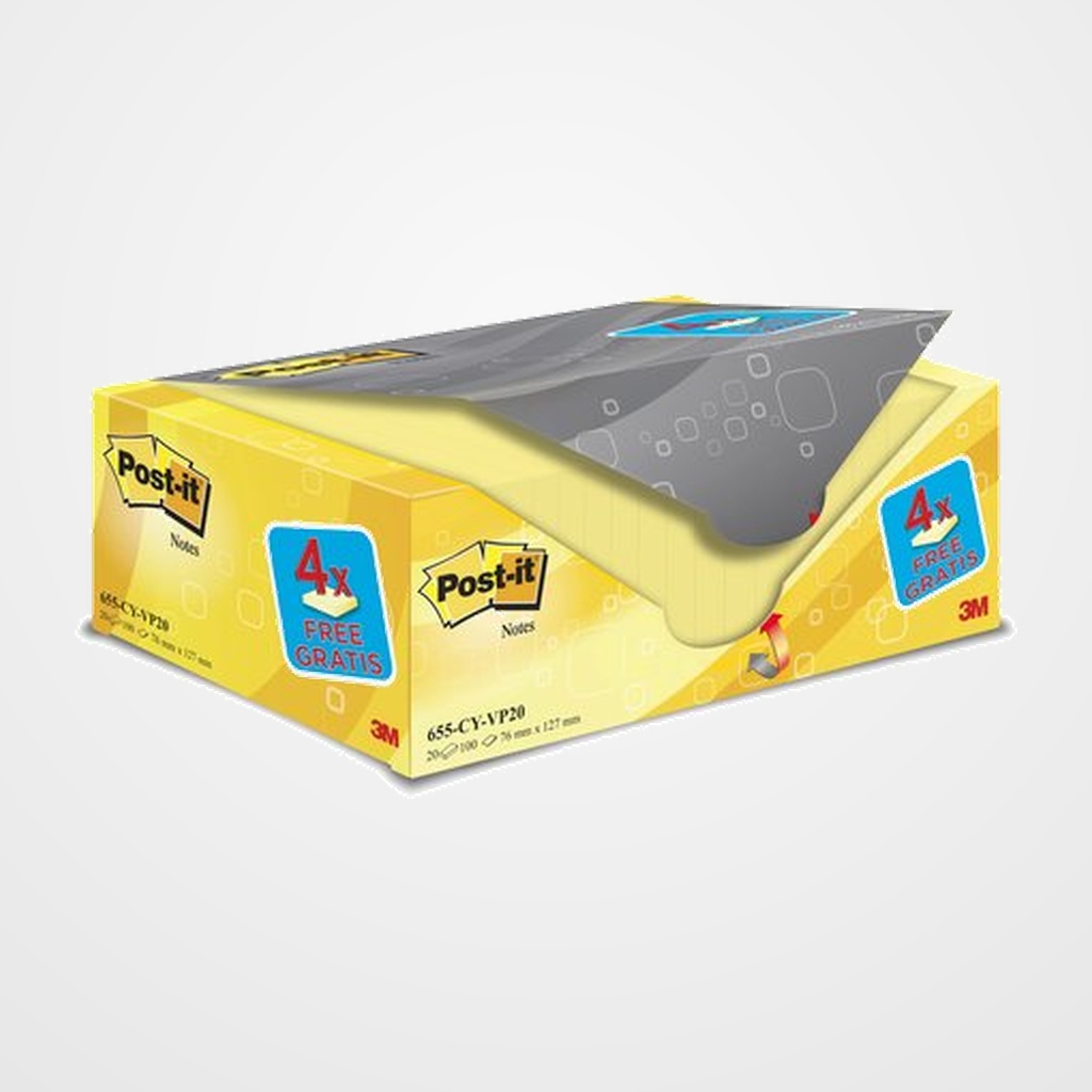 TACO NOTAS POST-IT 655 76x127 AMARILLO CANARIO PACK DE 20 (16+4)