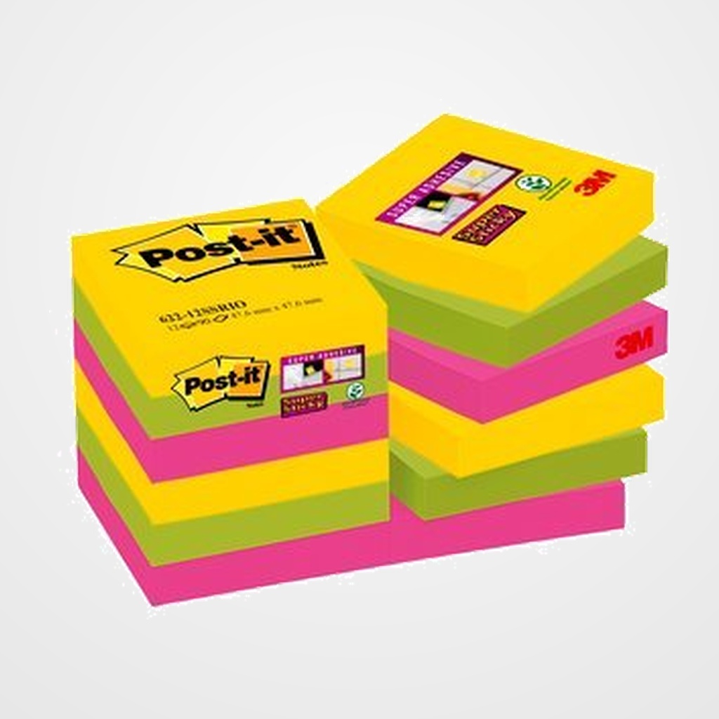TACO NOTAS POST-IT 622 SUPER STICKY 47,6x47,6 COLORES CARNAVAL PACK de 12