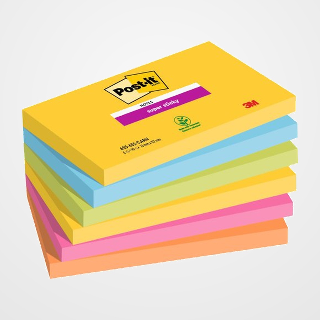 TACO NOTAS POST-IT 655 SUPER STICKY 76x127 COLORES CARNIVAL PACK de 6