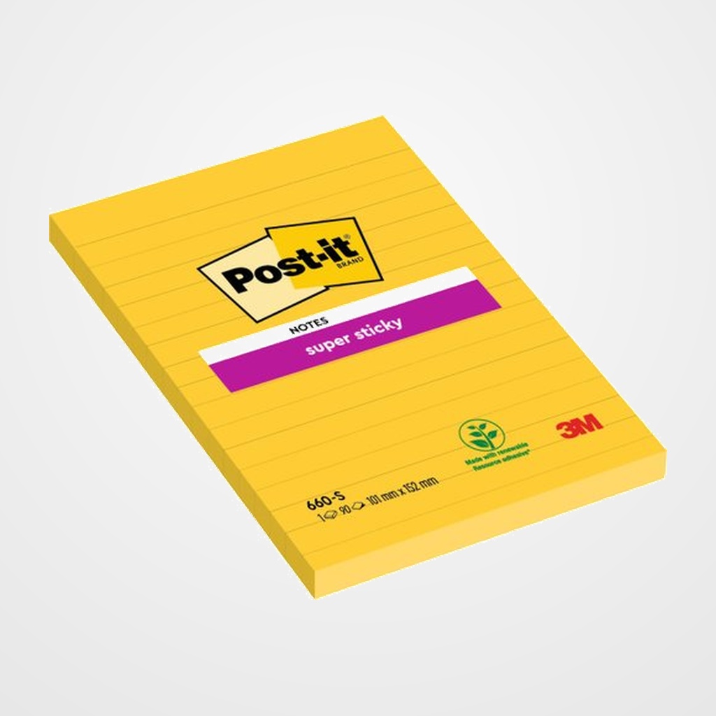TACO NOTAS POST-IT 660 SUPER STICKY 101x152 AMARILLO CANARIO CON LINEAS