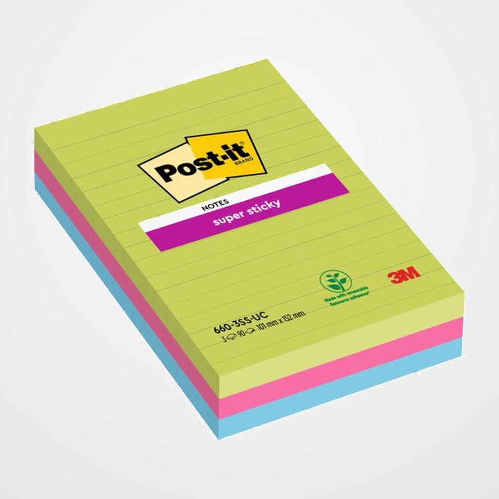 TACO NOTAS POST-IT 660 SUPER STICKY 101x152 CON LINEAS PACK de 3
