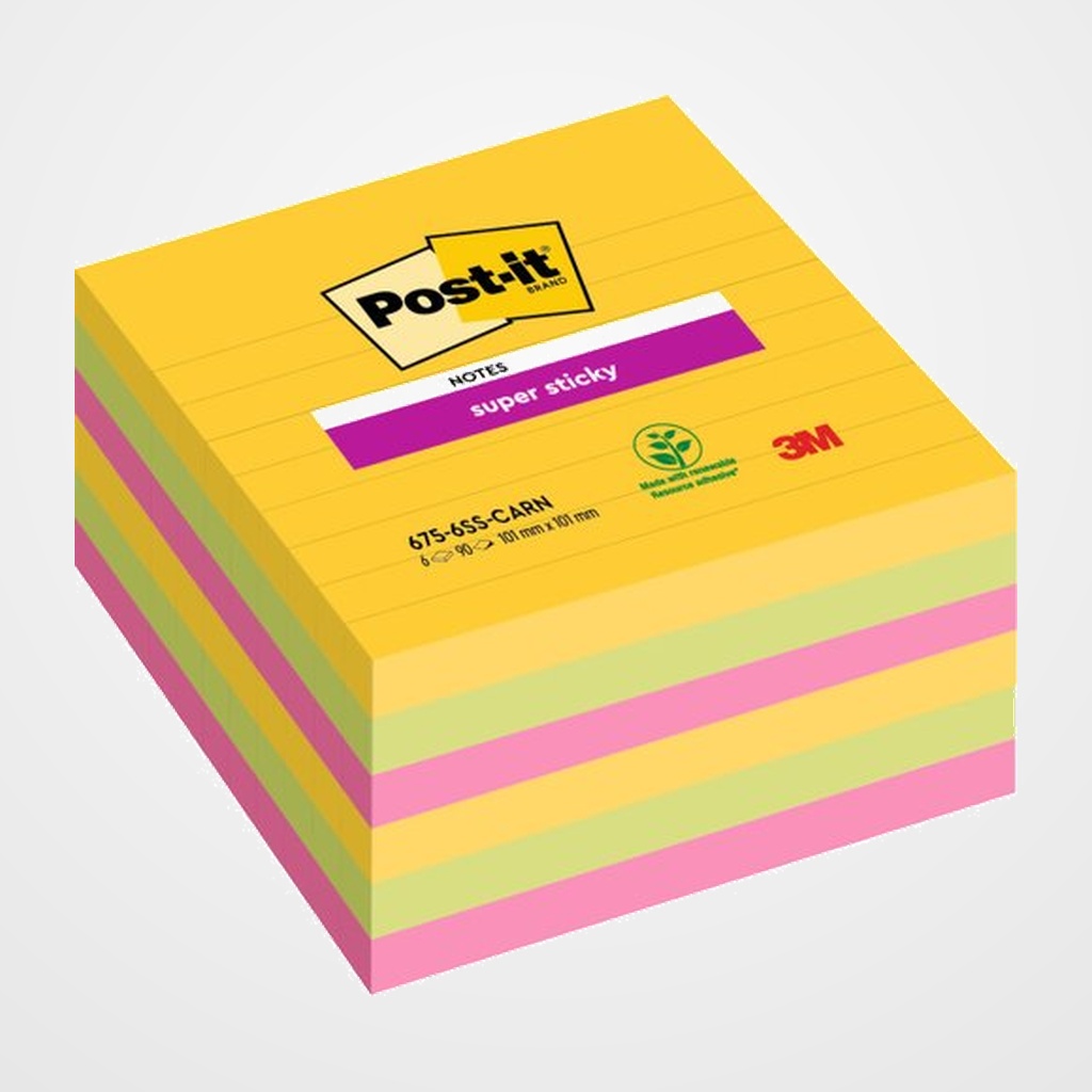 TACO NOTAS POST-IT 675 SUPER STICKY ULTRA 101x101 CON LINEAS PACK DE 6