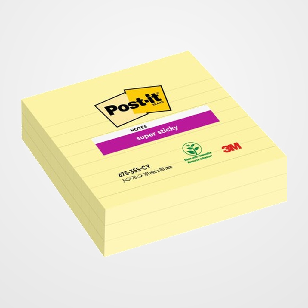TACO NOTAS POST-IT 675 SUPER STICKY 101x101 AMARILLO CANARIO CON LINEAS PACK DE 3