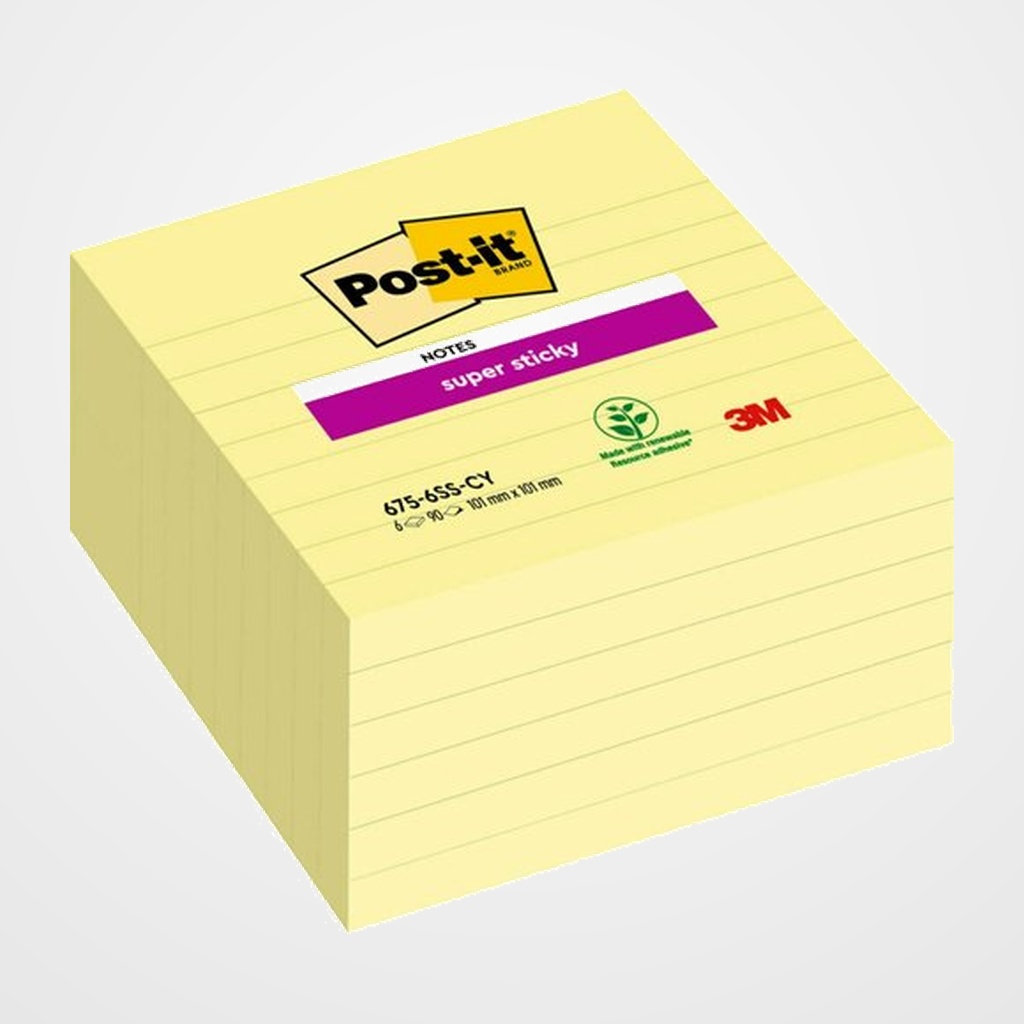 TACO NOTAS POST-IT 675 SUPER STICKY 101x101 AMARILLO CANARIO CON LINEAS PACK DE 6