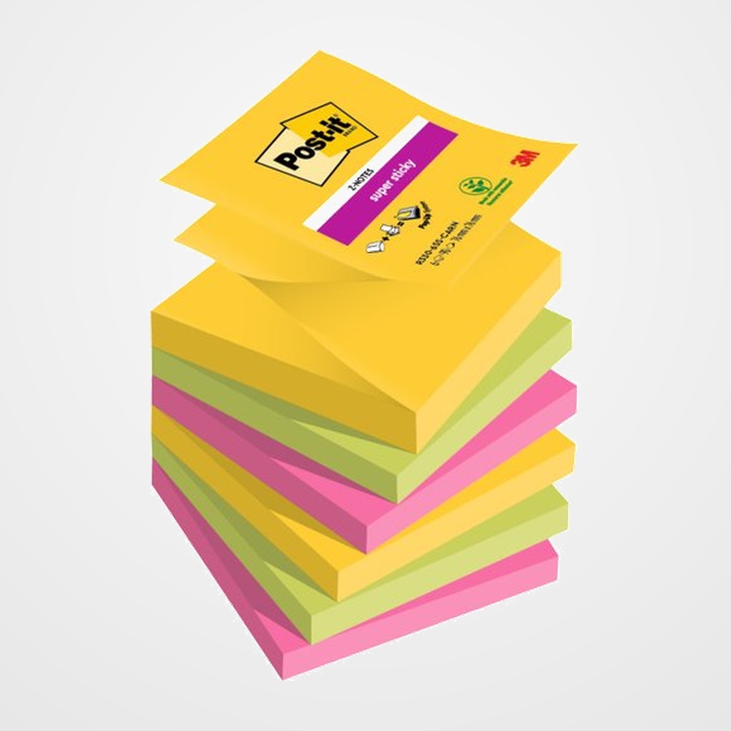 NOTAS ADHESIVAS POST-IT 90h Z NOTES  76x76 (R330) SUPER STICKY COLORES RIO DE JANEIRO PACK de 6