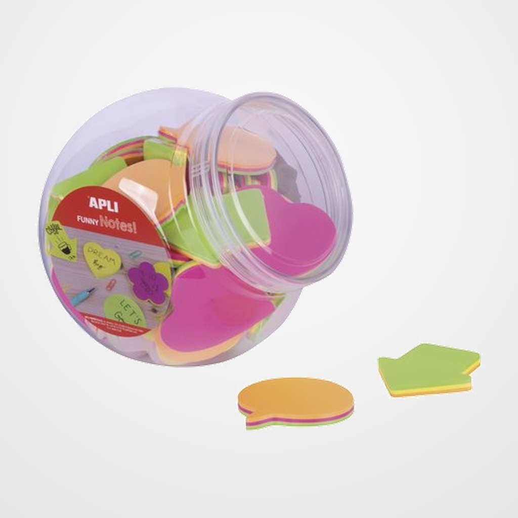 NOTAS ADHESIVAS APLI FUNNY NOTES 75h 75X75 mm SURTIDO (4 formas diferentes) EXPOSITOR de 45